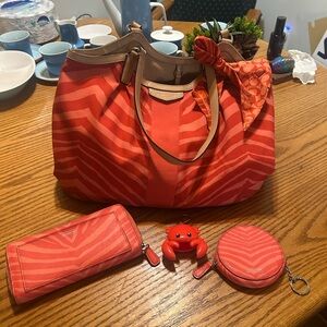 Coach Pink and Cream Chevron Shoulder Bag Set